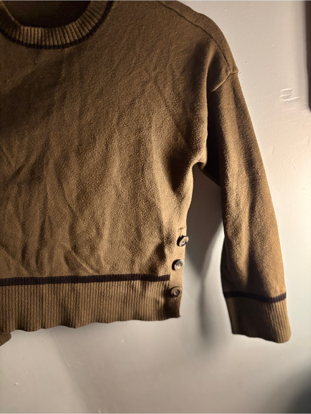 Marled Olive Crewneck Sweater with Side Button Trim